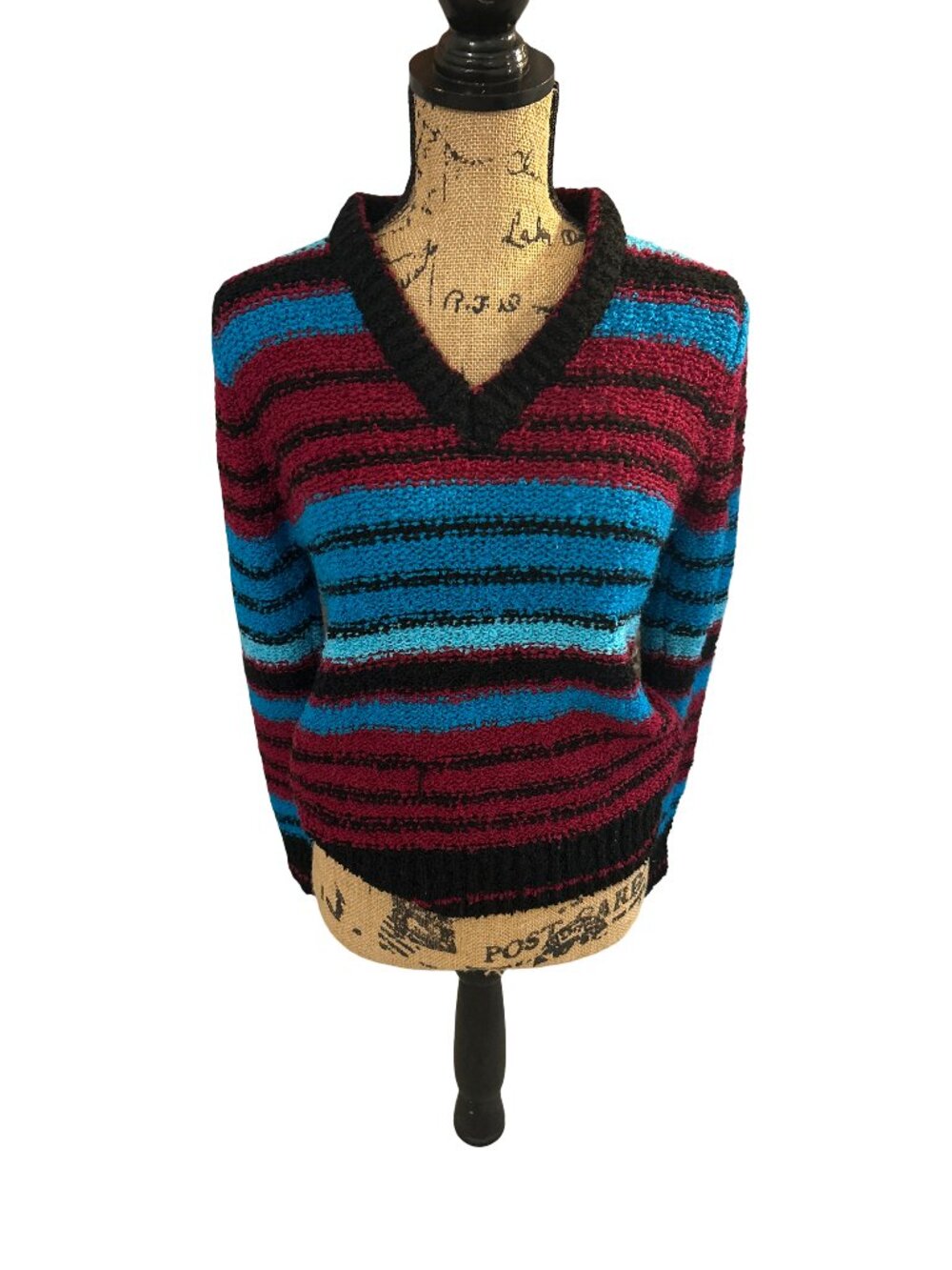 Vintage 80s Cadogan Court Striped Chunky V-Neck Knit Sweater Medium Teal Magenta